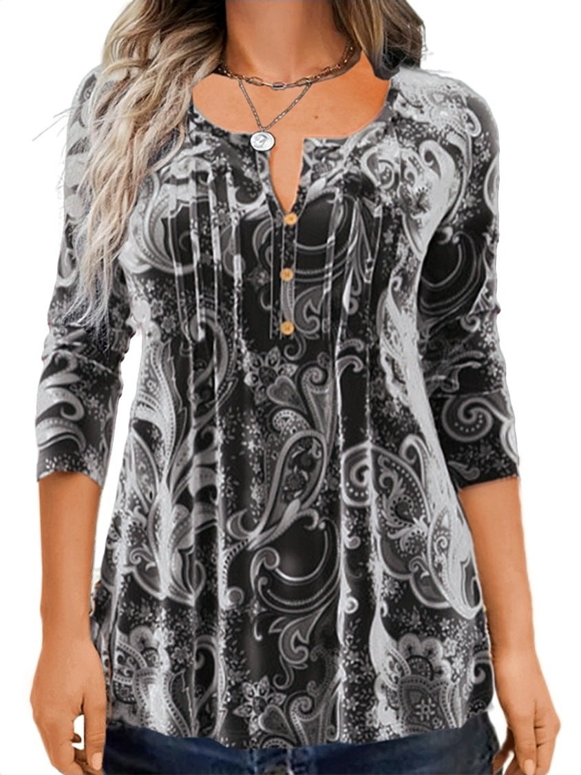 Women Paisley Tunic with 3/4 Sleeves, Pleats and Button Placket Mune Fashion