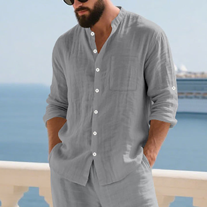 Men's airy linen shirt with stand-up collar, breast pocket, and rollable sleeves Mune Fashion