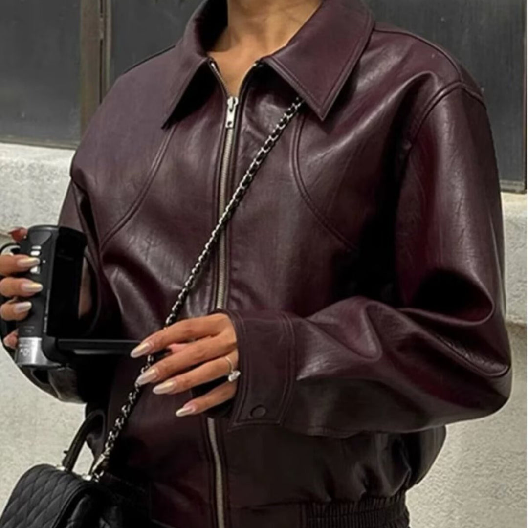 Women's classic Harrington faux leather jacket with shirt collar, full-length zipper, and elastic hem Mune Fashion
