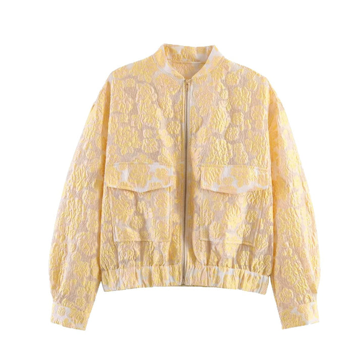 Women's Cropped Jacquard Blouson Jacket with Metal Zipper and Flap Pockets Mune Fashion