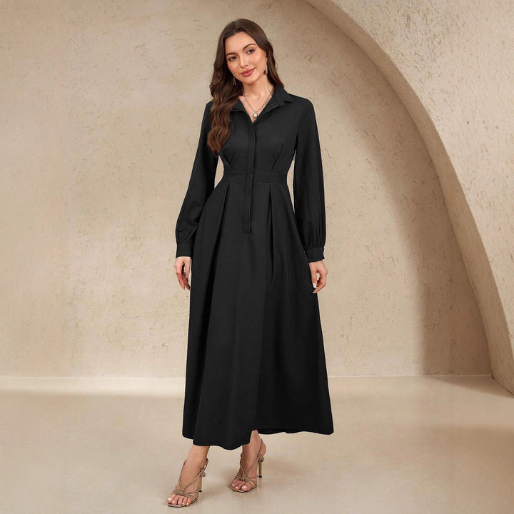 Ladies long shirt dress with waist belt, concealed button placket and balloon sleeves Mune Fashion