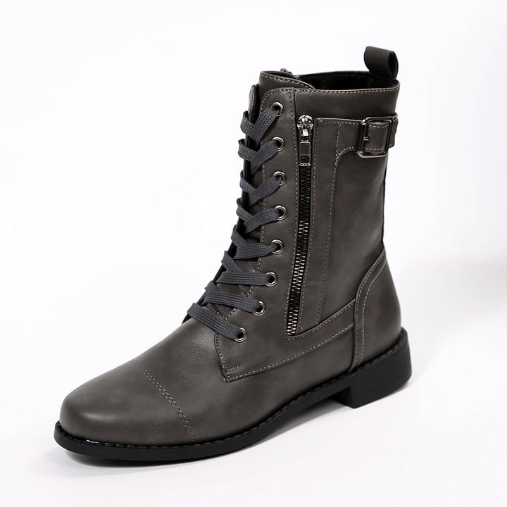 Women's robust lace-up biker ankle boots with side zipper and decorative strap Mune Fashion