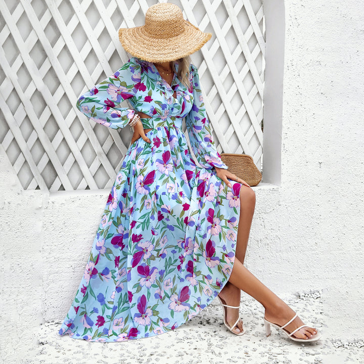 Ladies airy flowing chiffon maxi dress with waist cutouts, ruffled V-neckline and long, sheer sleeves Mune Fashion