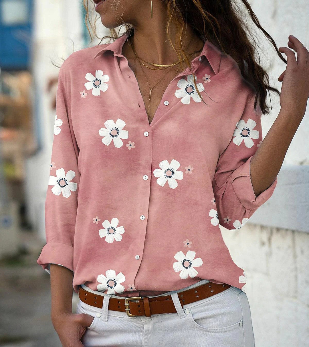 Women's loose shirt blouse with floral print and rolled sleeves Mune Fashion