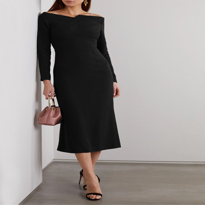 Women's Off-Shoulder Midi Dress in Fitted Sheath Dress Cut Mune Fashion
