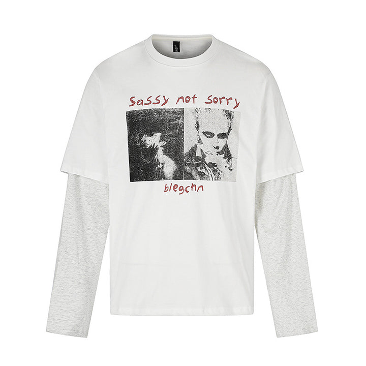 Women's Layered Long Sleeve Shirt in Layer Look with Photo Print and Contrast Sleeves Mune Fashion