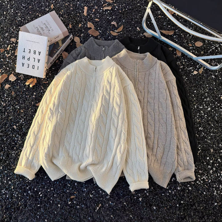 Unisex Oversize-Braided Pattern-Half Zip Sweater with Extra High Ribbed Collar and Heavy Cotton Blend Mune Fashion