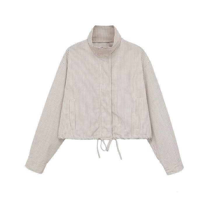 Women's Checked Cropped Jacket with Stand-up Collar, Drawstring and Concealed Zip Mune Fashion