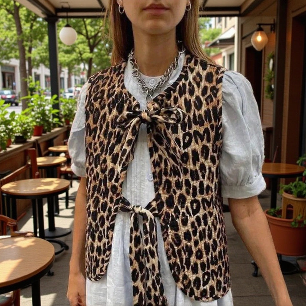 Women Sleeveless Leopard Print Vest with Ties and Textured Surface Mune Fashion