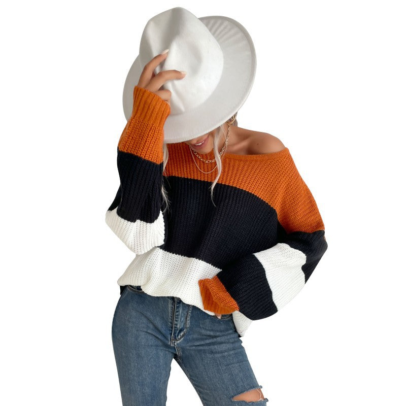 Women's Casual Striped Sweater with Off-Shoulder Design Mune Fashion