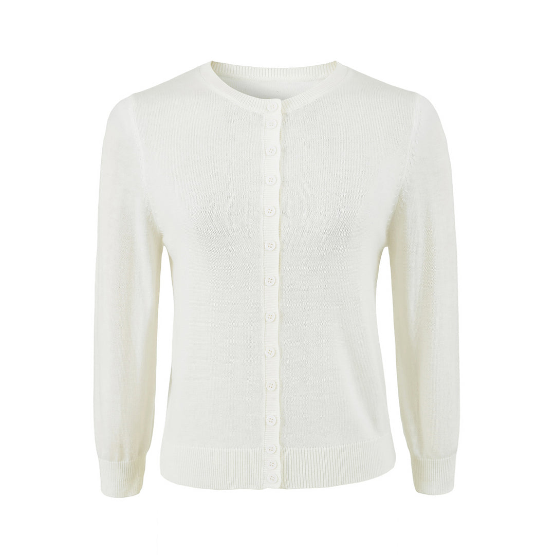 Ladies finely knitted round neck cardigan with button placket and ribbed cuffs Mune Fashion