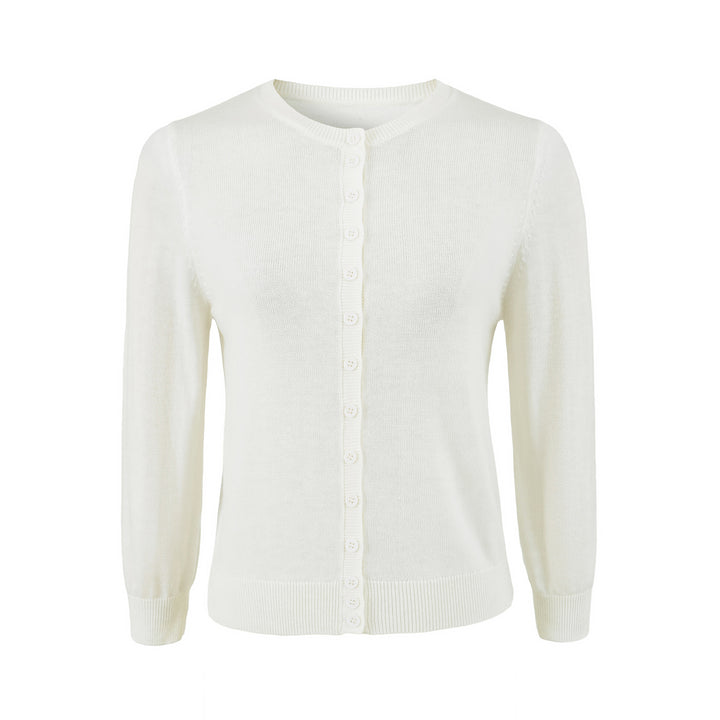 Ladies finely knitted round neck cardigan with button placket and ribbed cuffs Mune Fashion