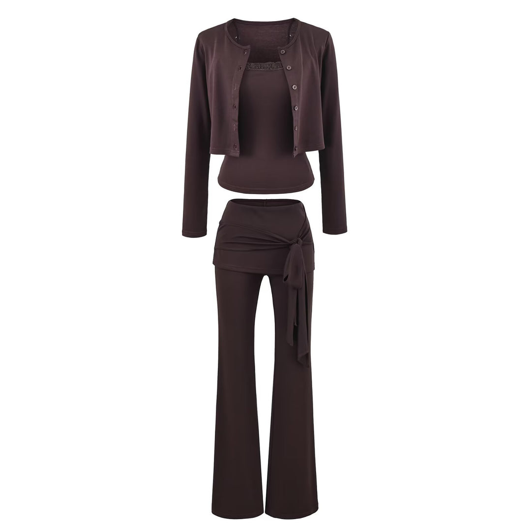 Women's three-piece lounge set with short button cardigan, lace top, and wrap flare pants Mune Fashion