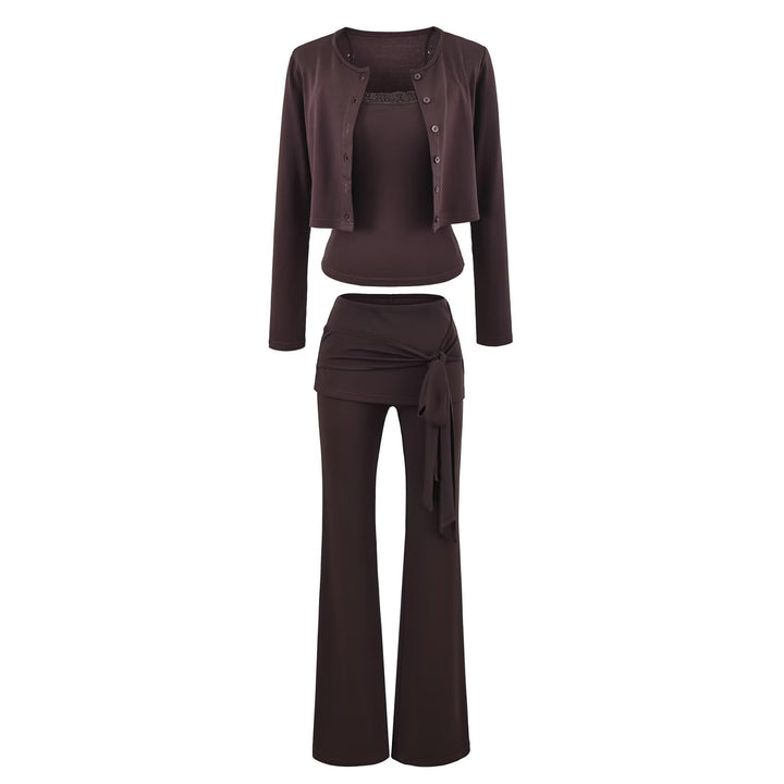 Women's three-piece lounge set with short button cardigan, lace top, and wrap flare pants Mune Fashion