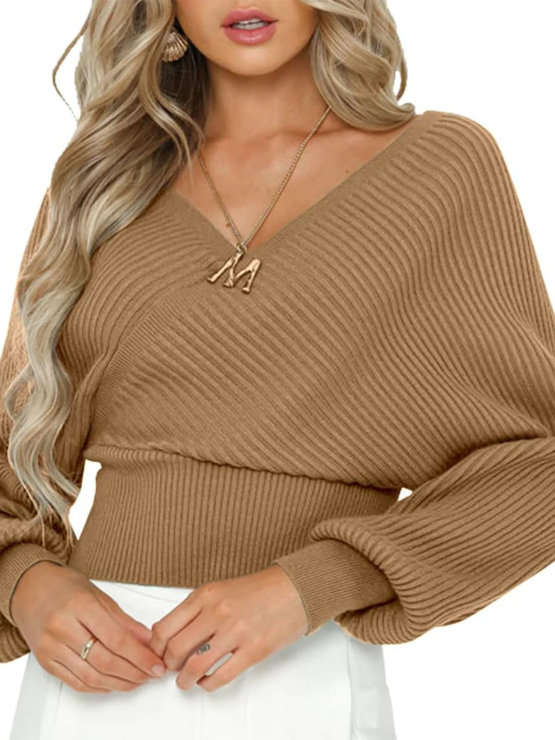 Women's knitted off-shoulder cropped pullover with wrap look and balloon sleeves Mune Fashion