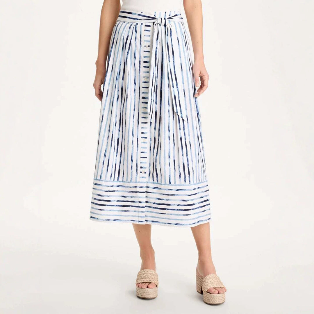 Ladies Striped Midi Skirt with Button Placket, Tied Belt and A-Line Cut Mune Fashion