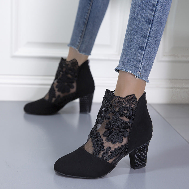 Ladies' elegant lace ankle boots with suede look insert and embellished block heel Mune Fashion