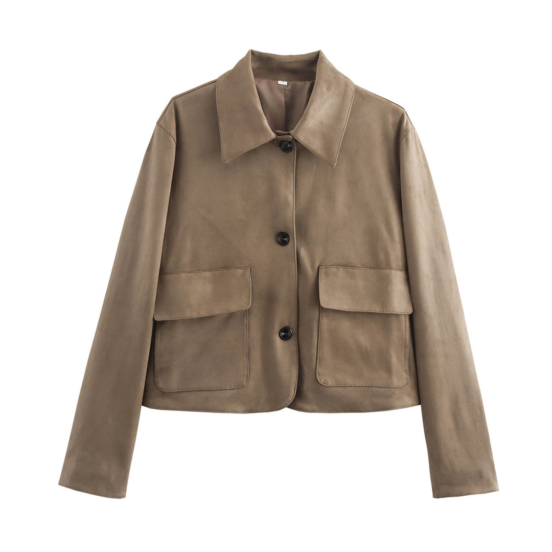 Women's Boxy Short Jacket in Suede Look with Shirt Collar and Flap Pockets Mune Fashion