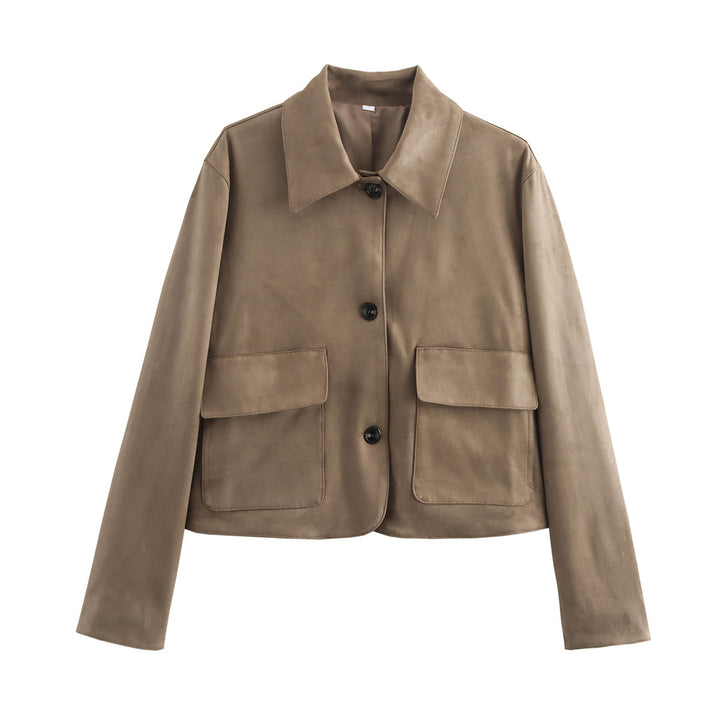 Women's Boxy Short Jacket in Suede Look with Shirt Collar and Flap Pockets Mune Fashion