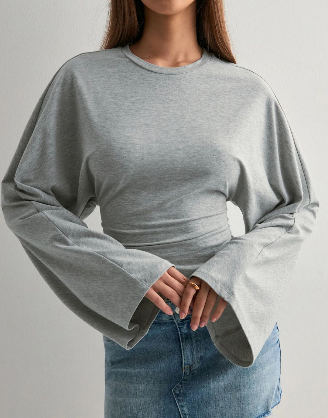 Ladies cropped fitted top with extra wide batwing sleeves Mune Fashion