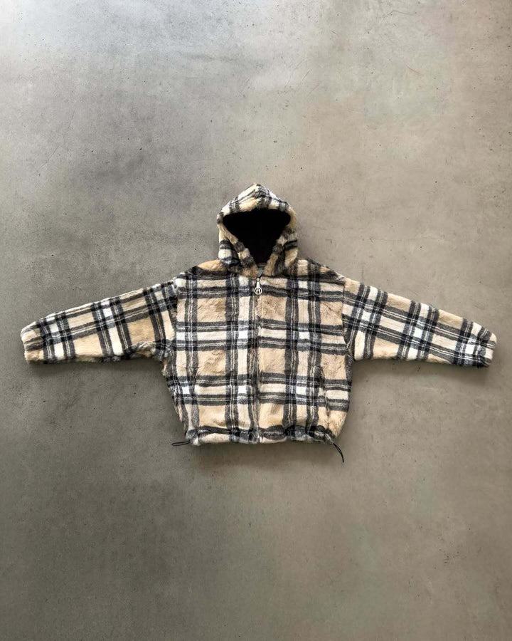 Unisex non-padded plaid fleece bomber jacket with hood drawstring and zippered pockets Mune Fashion