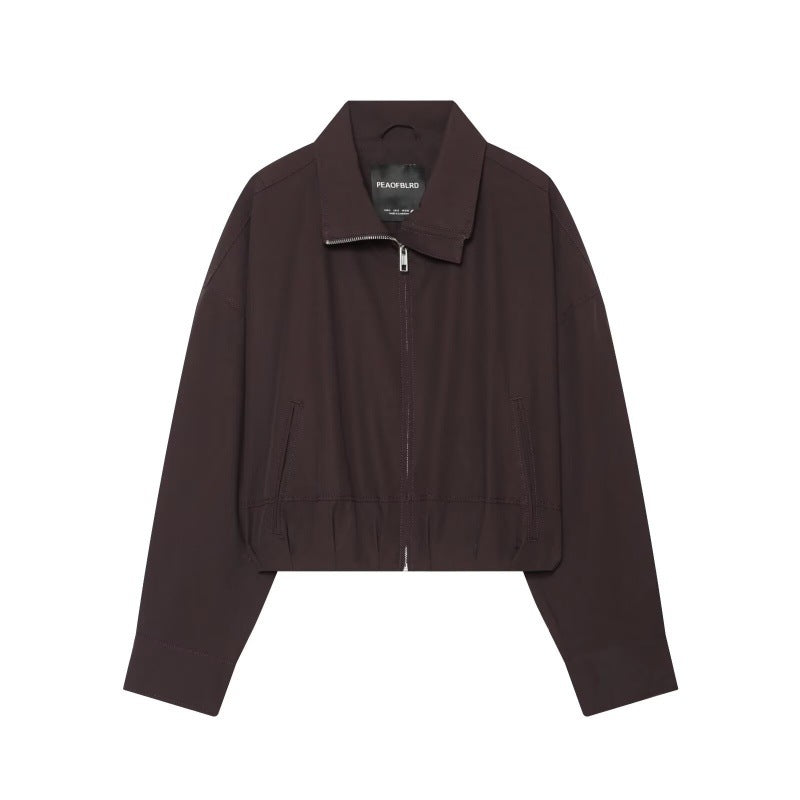 Women Cropped Boxy Jacket with Zipper, Stand-Up Collar and Elastic Hem Mune Fashion
