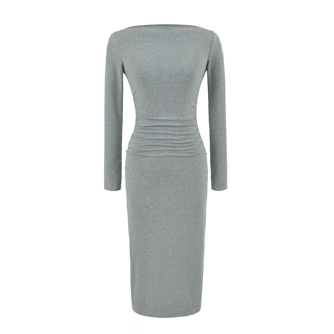 Women Figure-hugging Midi Dress with Gathering and Boat Neck Mune Fashion