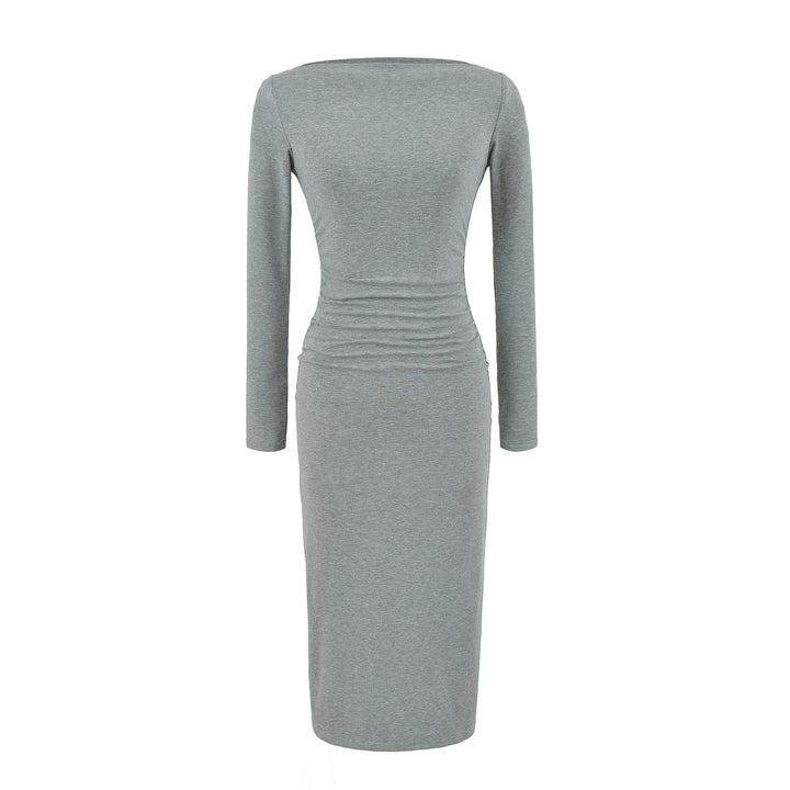 Women Figure-hugging Midi Dress with Gathering and Boat Neck Mune Fashion