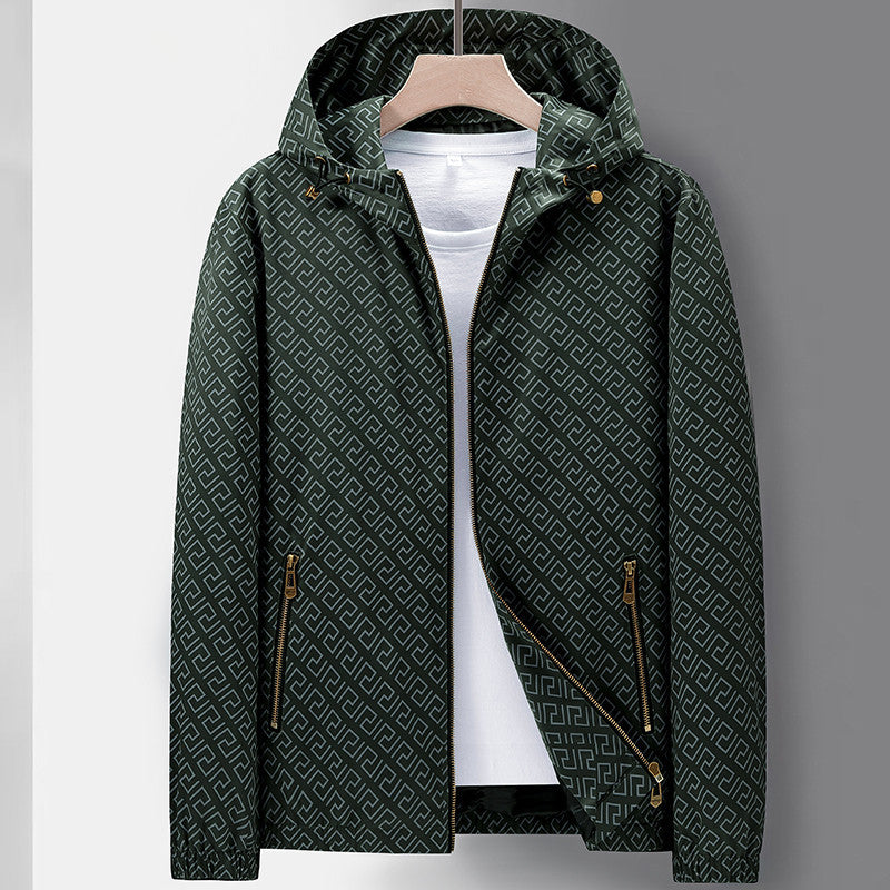 Men's Lightweight Hooded Pattern Jacket made of Microfiber with Urban Geometry Print Mune Fashion