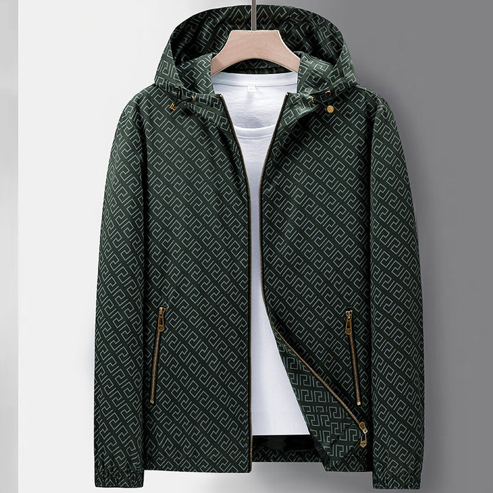 Men's Lightweight Hooded Pattern Jacket made of Microfiber with Urban Geometry Print Mune Fashion