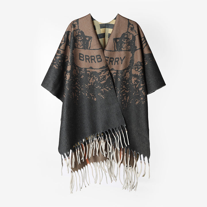 Women's Oversize Cape Poncho in Rectangular Cut with Fringed Hem and Double-Layered Jacquard Lining Mune Fashion