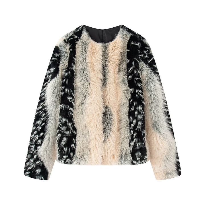 Women's Short Cut Faux Fur Jacket with Striped Fur Texture Mune Fashion