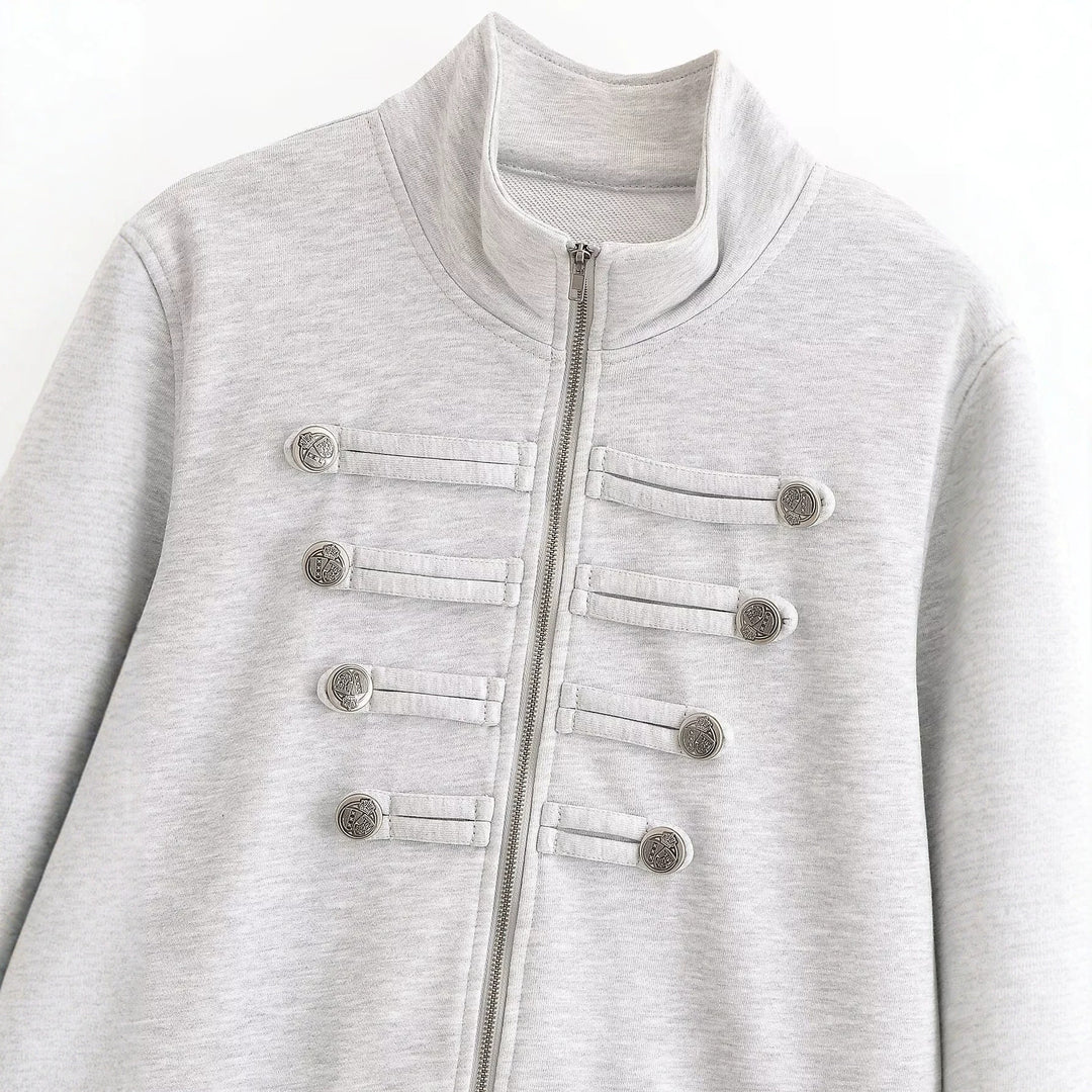 Women's short jacket made of sweat with stand-up collar and decorative military yoke Mune Fashion