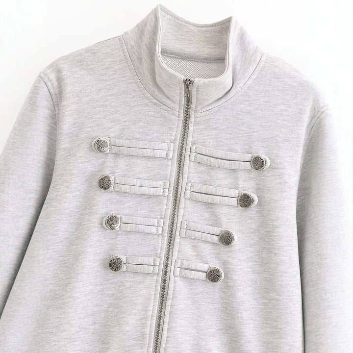 Women's short jacket made of sweat with stand-up collar and decorative military yoke Mune Fashion