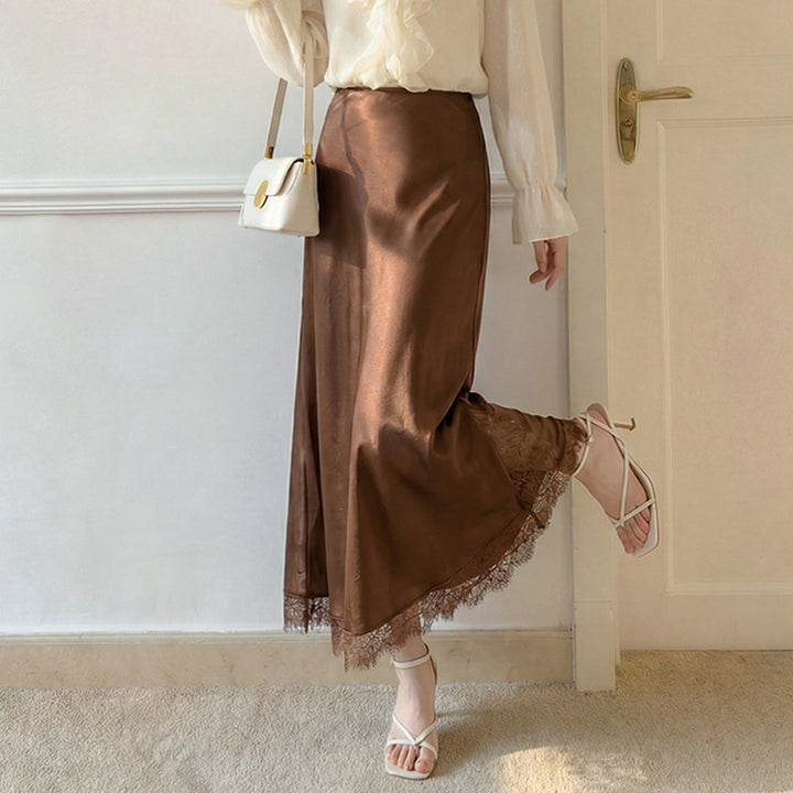 Women's satin midi skirt with delicate lace trim and flowing A-line down