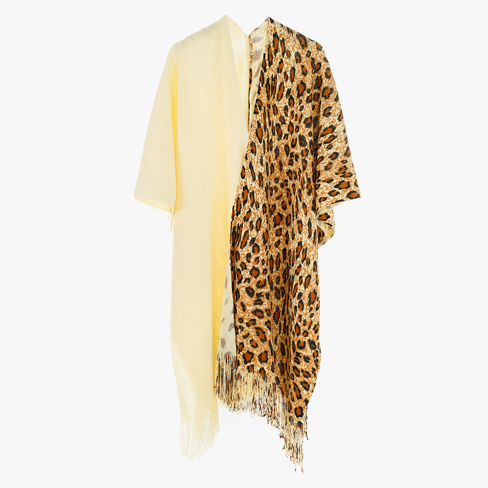Women's Two-Tone Wool Blend Coat Poncho in Kimono Cut with Animal Jacquard and Fringe Hem Mune Fashion