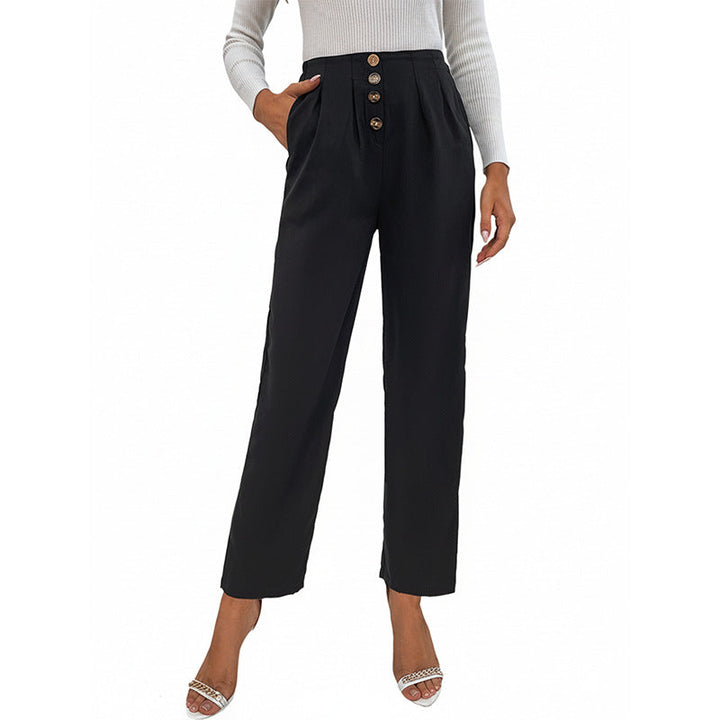 Women's High-Waisted Pleated Trousers with Decorative Button Placket and Straight Leg Mune Fashion