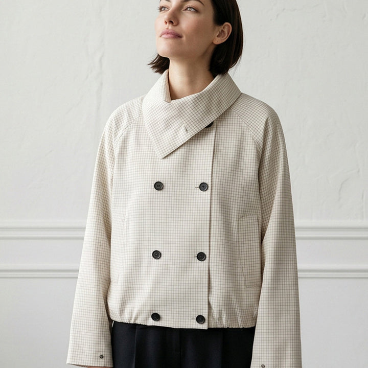 Women's Short Double-Breasted Blouson Jacket with Wrap Collar and Raglan Sleeves Mune Fashion