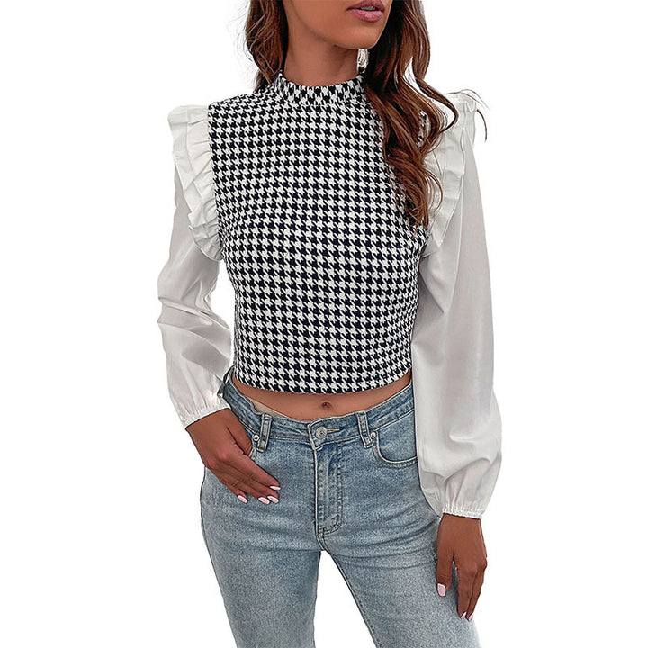 Women's Houndstooth Cropped Top with Ruffled Shoulders and Long Chiffon Sleeves Mune Fashion