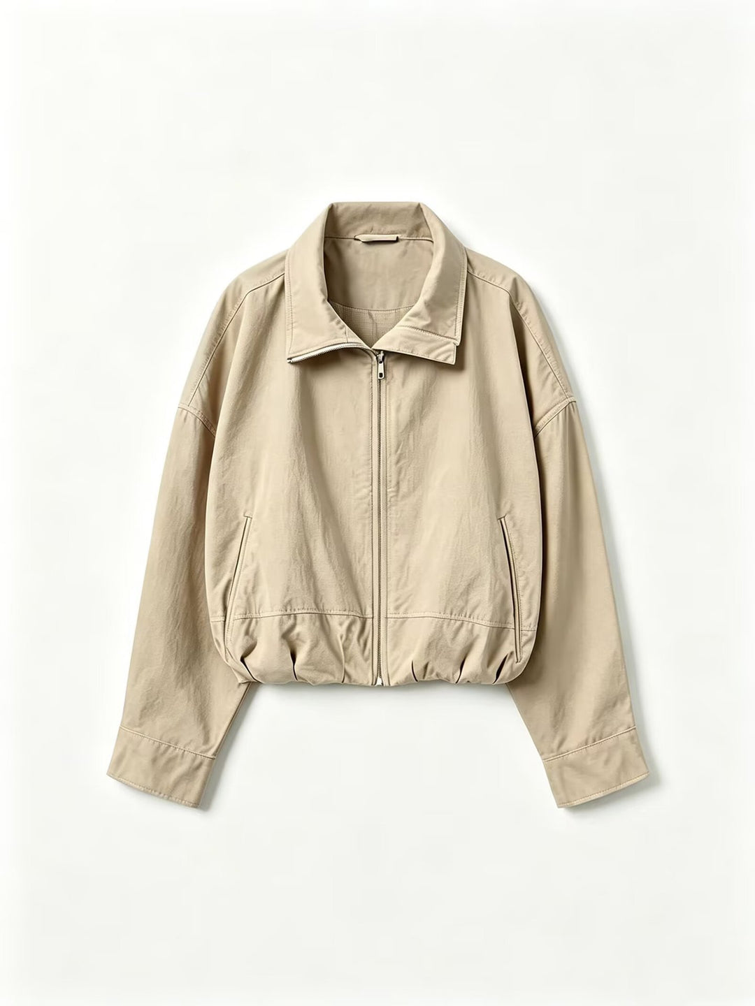 Women's Lightweight Short Bomber Jacket with Stand-up Collar, Drawstring Waist and Concealed Zipper Mune Fashion
