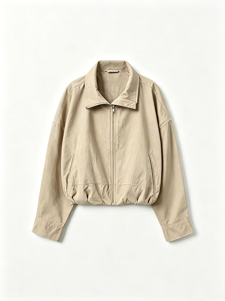 Women's Lightweight Short Bomber Jacket with Stand-up Collar, Drawstring Waist and Concealed Zipper Mune Fashion
