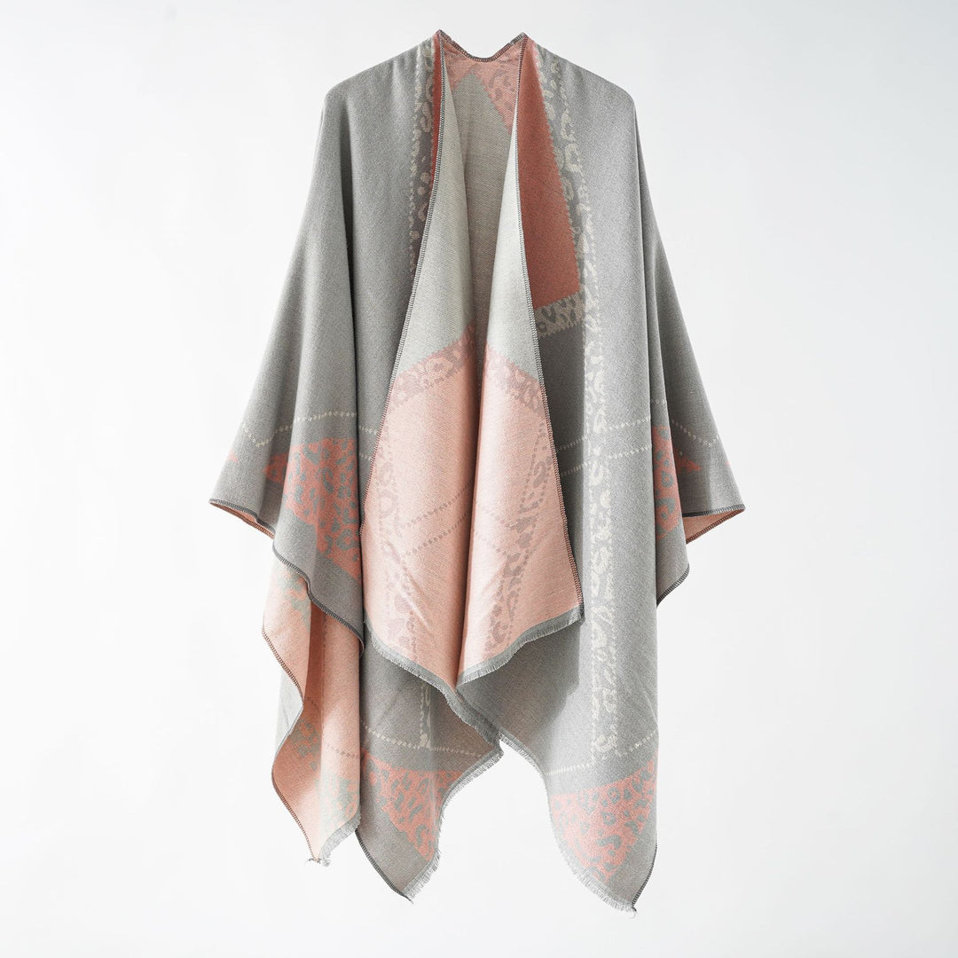 Women's Large Double-Face Jacquard Cape with Animal Patch and Fine Fringe Hem Mune Fashion