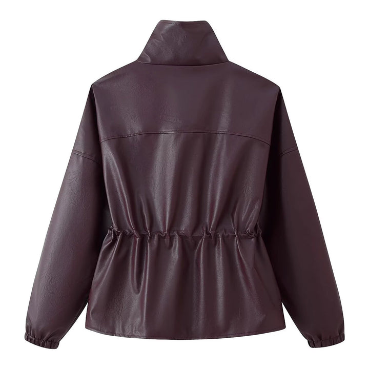 Women Faux Leather Parka with Stand Collar, Waist Drawstring, and Placket Pockets Mune Fashion