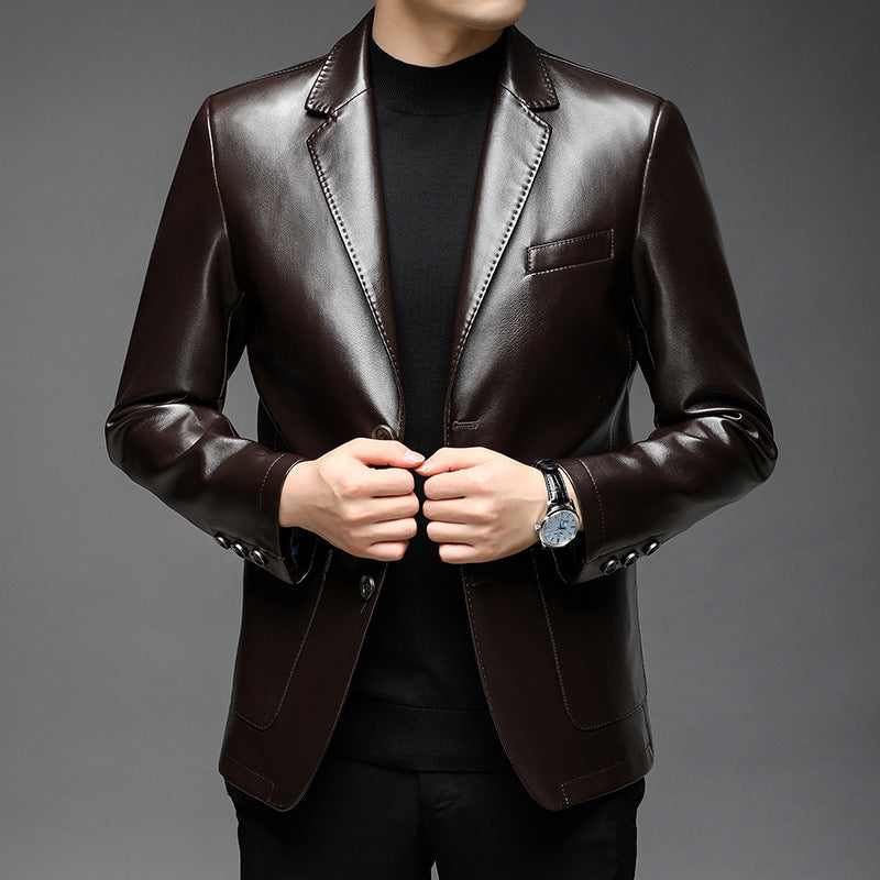 Men's Elegant Faux Leather Blazer in Tailored Fit with Lapel Collar and Flap Pockets Mune Fashion