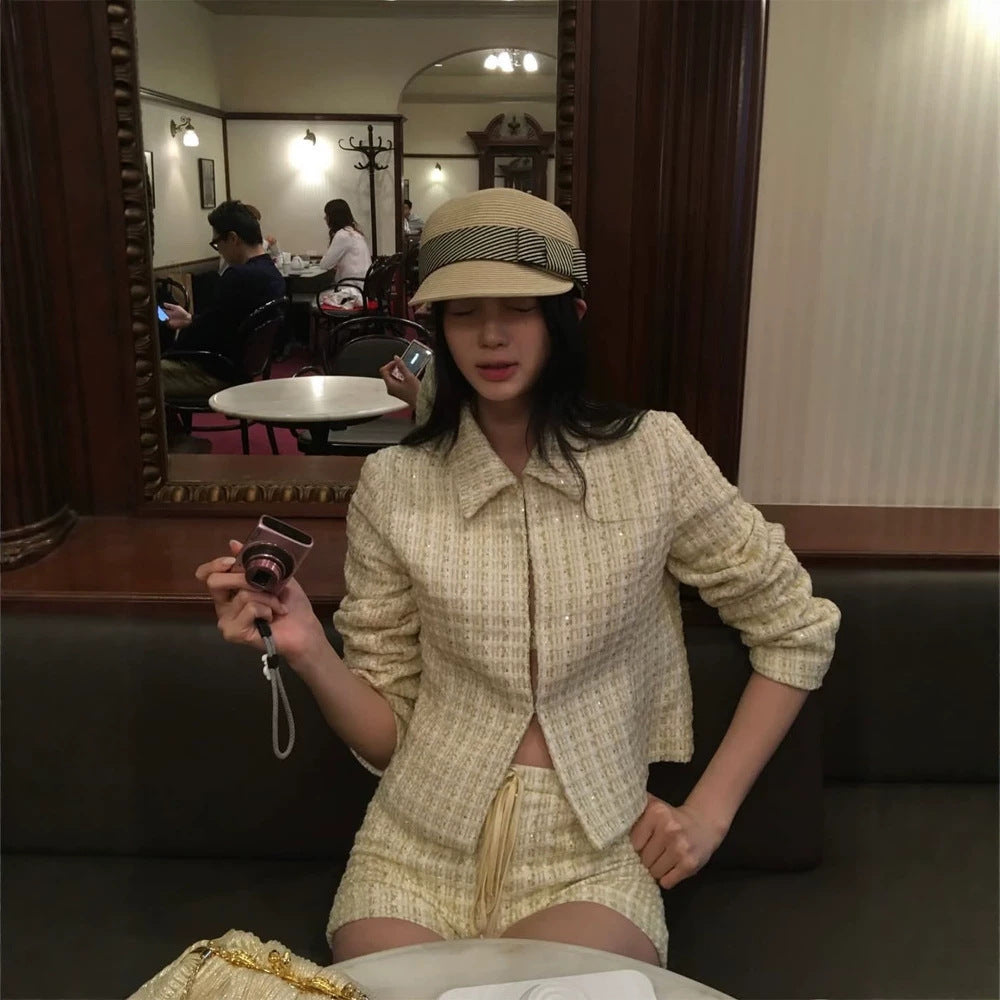 Women Two-Piece Boucle Set with Short Jacket and Drawstring Shorts Mune Fashion