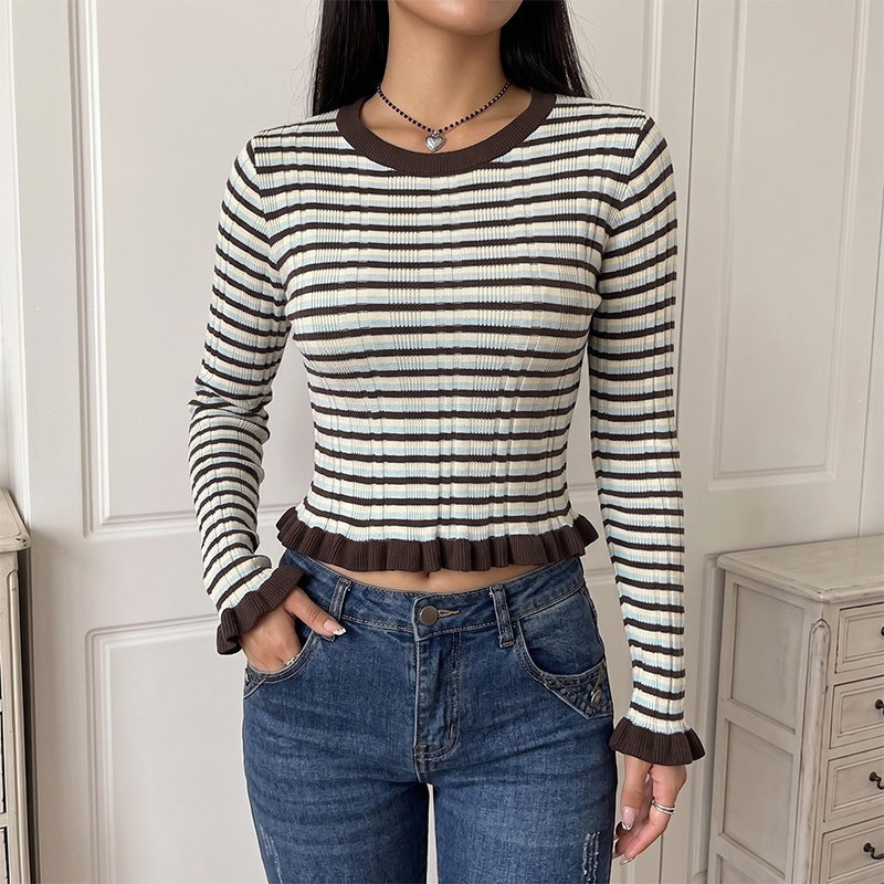Women's Elegant Striped Crop Top with Ruffle Details Mune Fashion