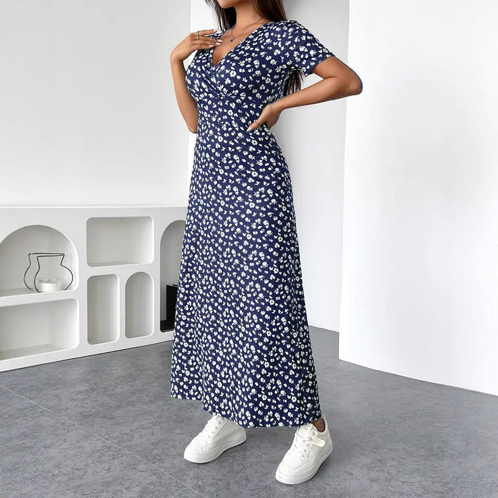 Women nan tailored V-neck wrap maxi dress made of viscose jersey with short sleeves and A-line hem Mune Fashion