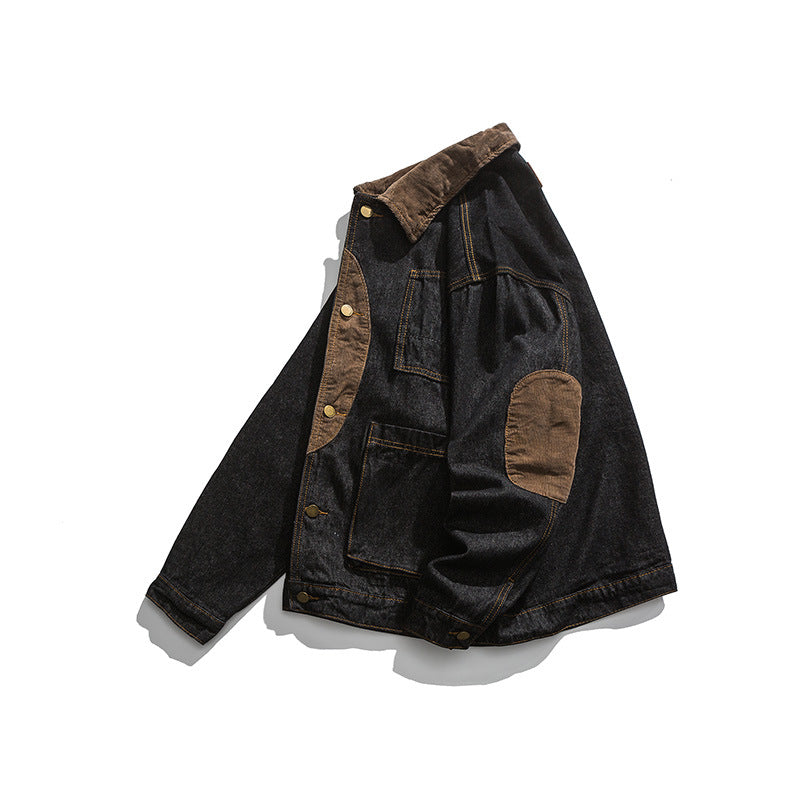 Men's Boxy Denim Work Jacket with Cord Collar, Flap Pockets and Elbow Patches Mune Fashion