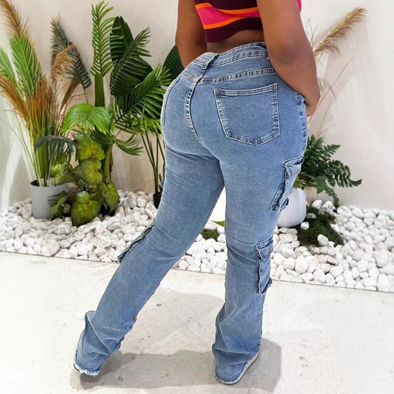 Ladies Cargo Denim Jeans with High Waist, Slim Fit Hips and Patch Utility Pockets Mune Fashion