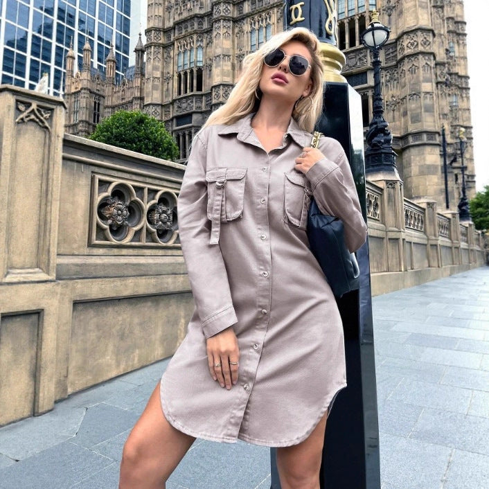 Women Oversized Shirt Dress with Flap Pockets and Curved Hem Mune Fashion